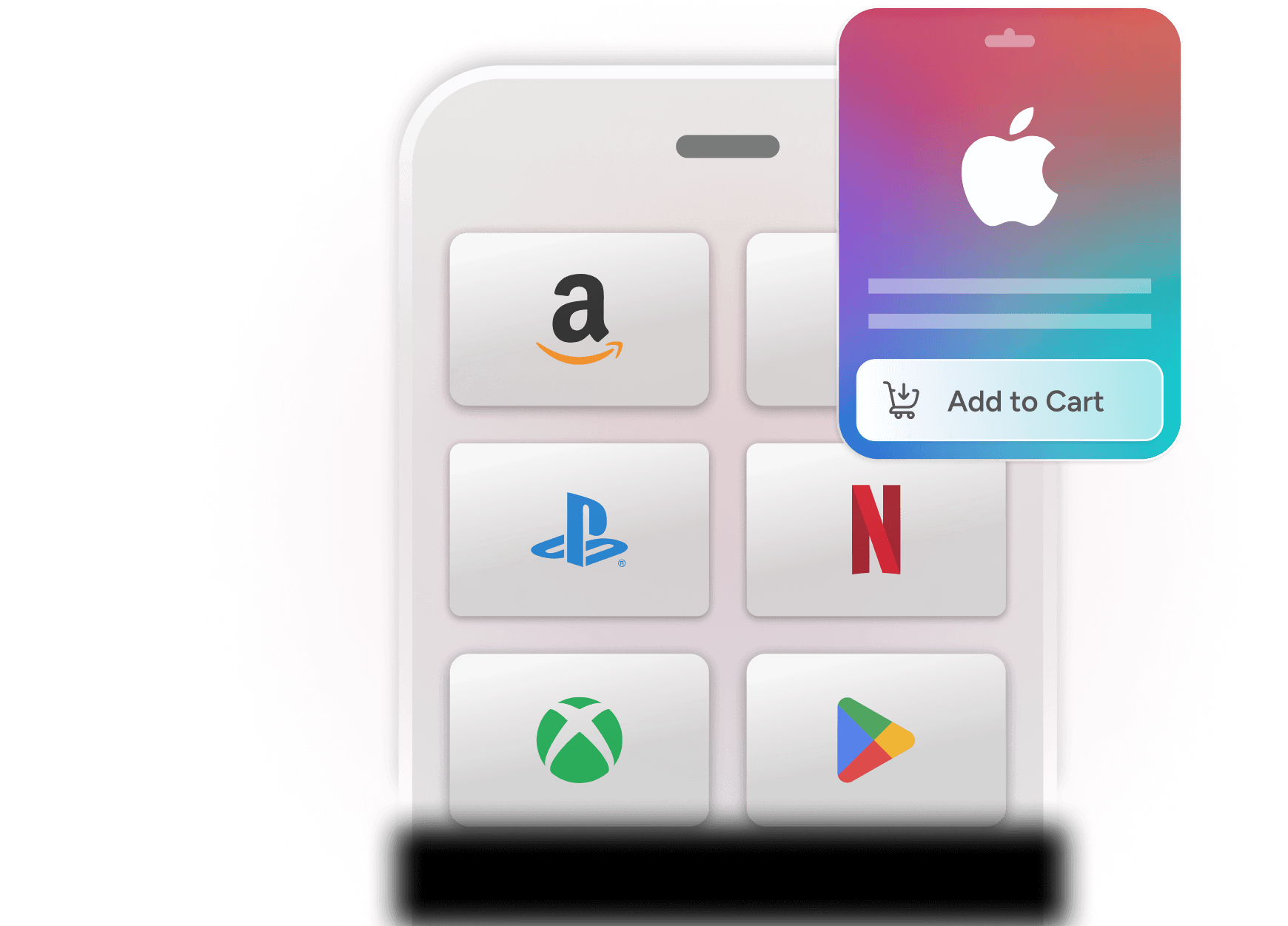 Smartphone displaying various app logos, including Amazon, PlayStation, Netflix, Xbox, and Google Play, with an Apple Gift Card and an 'Add to Cart' button.